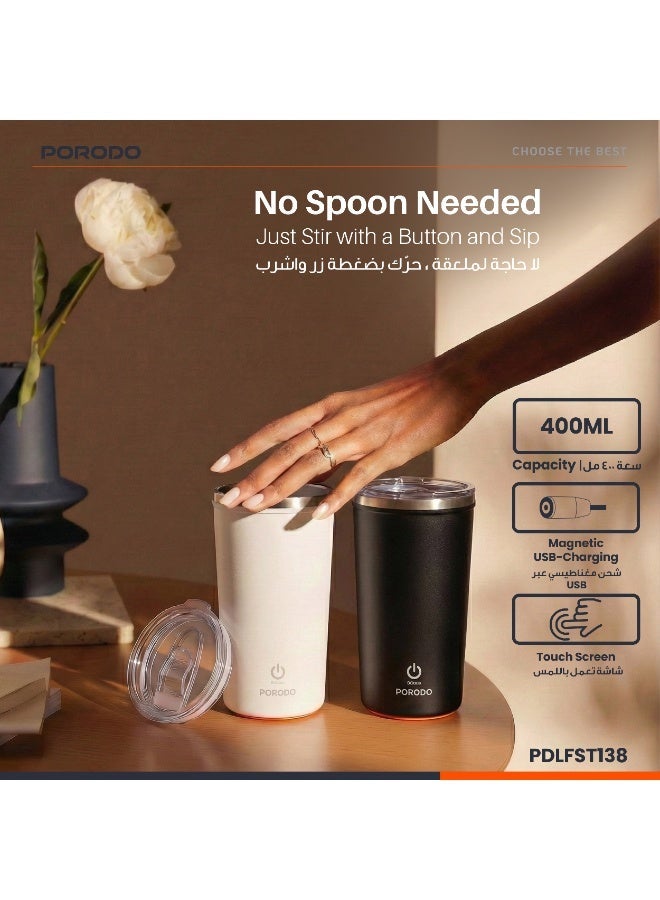 porodo Auto-Stirring Insulated Mug 400ml with IPX6 Waterproof / BPA Free / Anti-Slip Base / Magnetic USB Charging / Double-Wall Insulated Mug - Black - Image 2